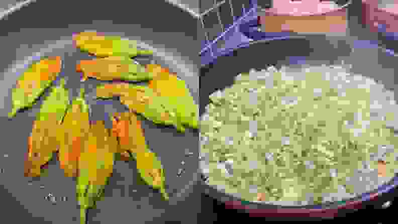 On left, squash blossoms sautéing in skillet pan. On right, assorted thinly sliced vegetables cooking inside of pan.