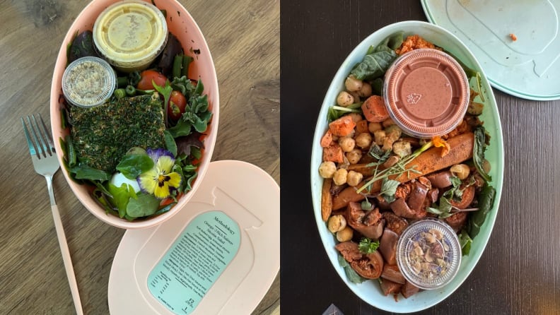 Two Methodology salads in their respective containers, shot from above