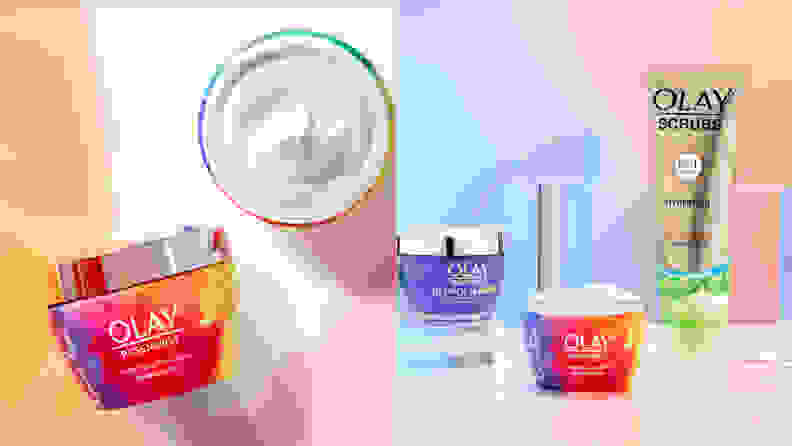 Olay's limited-edition jar of the popular Olay Regenerist Micro-Sculpting Cream, along with two gift sets, against colorful backgrounds.