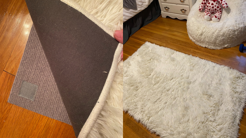 On left, person holding up rug to display rug pad. On right, rectangular white shag rug on floor.