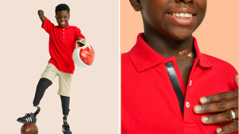 On left, young person rests prosthetic leg on football. On right, closeup of hook and loop closure on red polo.