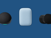 Amazon Echo, Google Audio, and Sonos smart speakers sit next to each other on a blue background