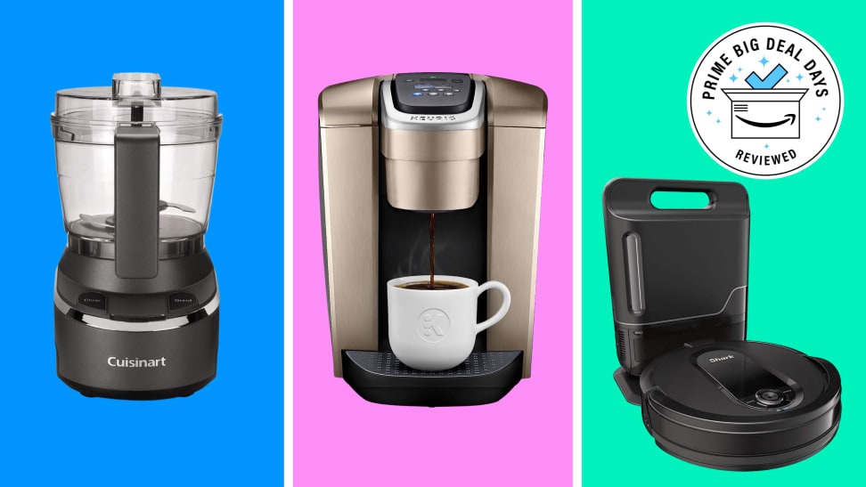 Three home appliances on sale at Amazon with the Prime Big Deal Days Reviewed badge in front of colored backgrounds.