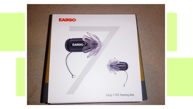 Box packaging for the Eargo 7 hearing aids.
