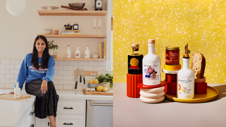 Photo collage of Brightland founder, Aishwarya Iyer, sitting on countertop in kitchen and several Brightland products bundled together.