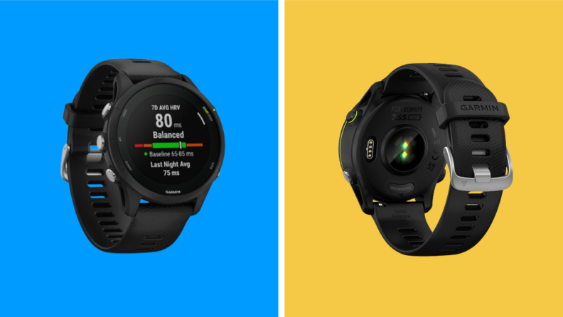 Two Garmin Forerunner 255 watches on a blue and yellow background.