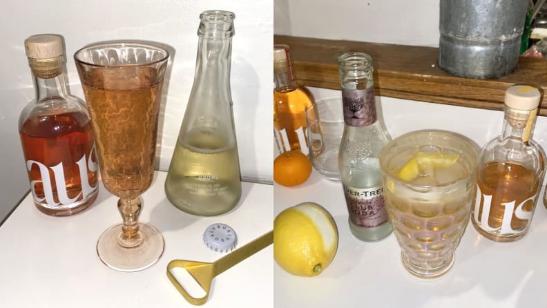 Left: A close-up photo of a pink glass containing a cocktail made using Haus' Rose Rosé aperitif accompanied by a half-consumer mini bottle of sparkling white wine, a gold bottle opener, and the mini bottle of Haus. Right: An iridescent glass containing a lemony cocktail with a mini bottle of club soda, a lemon with the peel partially missing, and a mini bottle of Haus beside it.