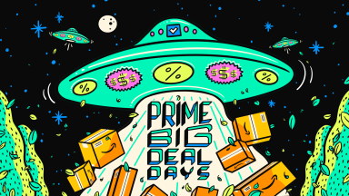 A graphic with the words Prime Big Deals Days at the center with a space ship sucking up packages to represent Amazon Prime Day deals.