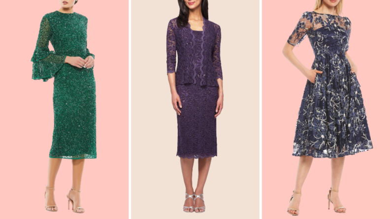 Collage image of a green midi dress, a purple lace midi dress, and a gray-blue midi dress.