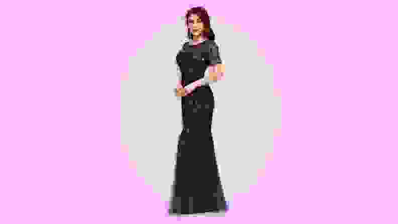 A black high neck gown.