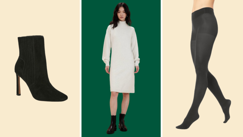A black ankle boot, a model wearing a white sweater dress, and a model wearing black tights.