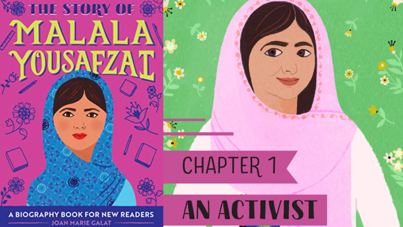 Children's book about Malala Yousafzai. Cartoons of young woman wearing hijab.