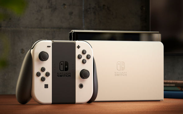 Close-up photo of the white-and-black Nintendo Switch OLED Model, one of the best consoles you can buy right now