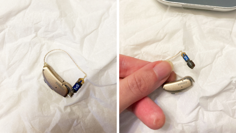 On left: A hearing aid with a wax guard applicator. On left: A hearing aid without a wax guard applicator.