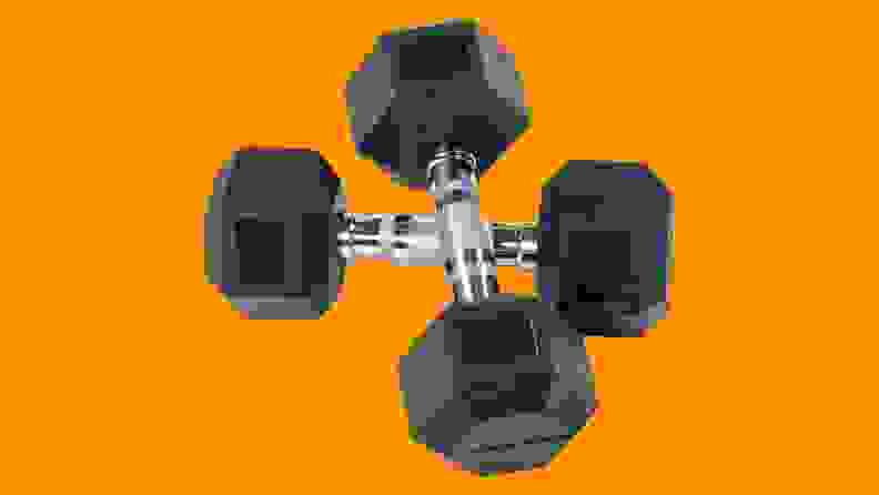 Two dumbbells against an orange background.