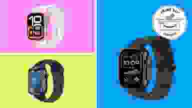 Three Apple Watches on colored backgrounds