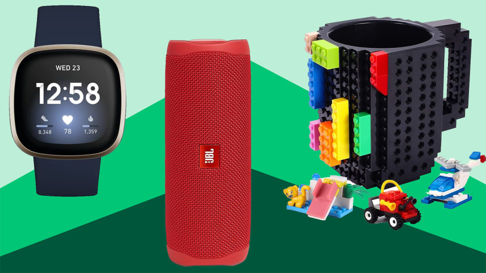 A Blutooth speaker,LEGO mug and smartwatch against a colorful background.