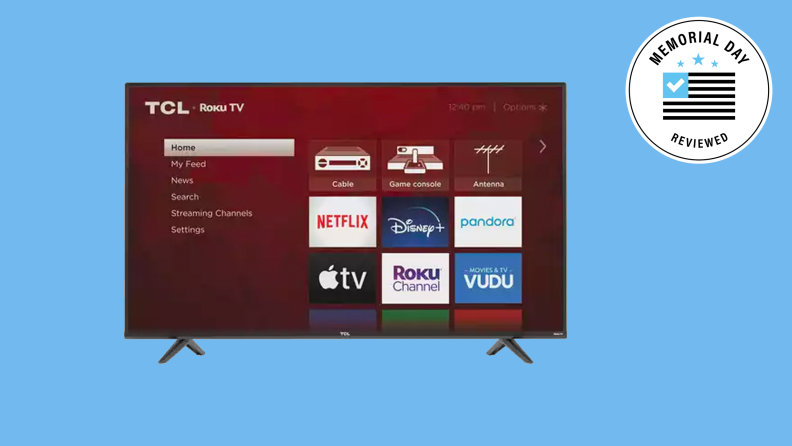 A TCL TV showing the default Roku menu against a blue background.