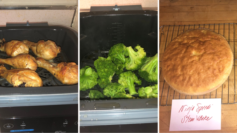 A collage of many foods cooked inside the air fryer, including chicken wings, broccoli and wheat buns.