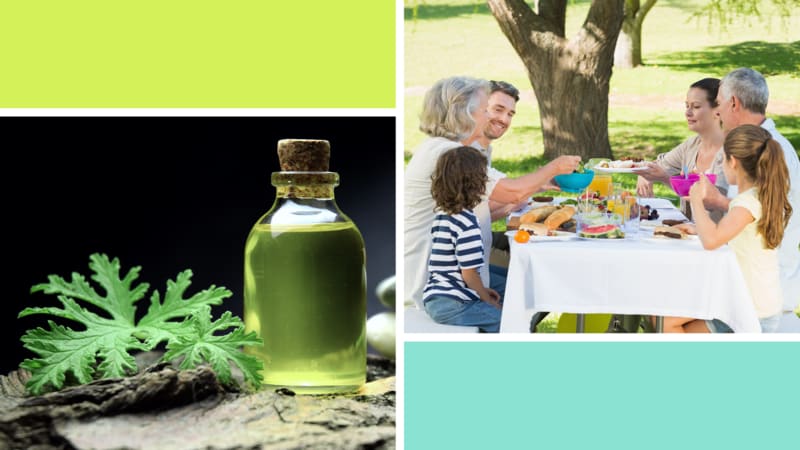 A collage of images showing a bottle of citronella and a family seated outside for a meal.