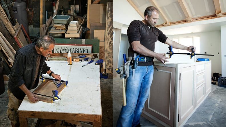 On left, man using Irwin 6-inch Quick Grip Clamps to complete project. On right, man using Irwin 6-inch Quick Grip Clamps to hold together white drawer.