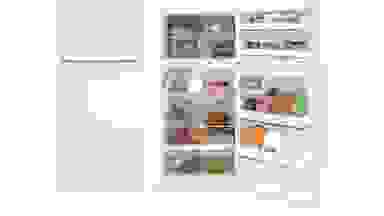 Two views of the Hotpoint fridge floating in a white void. On the left the fridge's door is closed, showcasing its facade. On the right the door is open, showing what the fridge would look like when fully stocked with food.