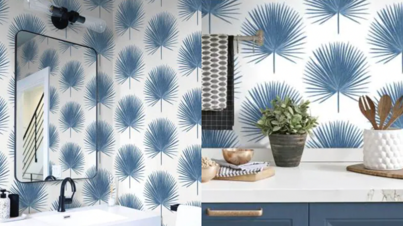 On the left, a palm flower design in bright blue against a white background on the walls of a bathroom. On the right, a counter with the blue palm floral design.