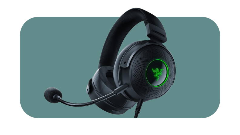 Black pair of Razer Kraken V3 Hypersense Headphones with attached microphone and green LED light on side.