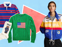 Collage of a red white and blue striped rugby shirt, a green sweater with an American flag pattern, a pair of white socks with the Polo Bear, and a model wearing a multicolored racing jacket.