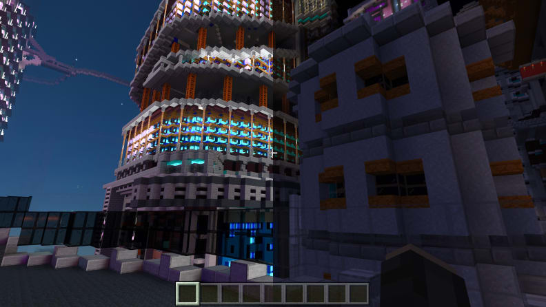 A split screen of a building in a video game with different lighting effects
