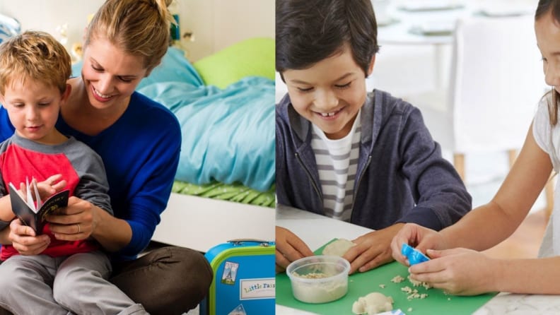 On one side a mom shows her child his new toy passport. In the other image two children enjoy a kinetic sand project