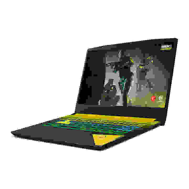 A three-quarter view of a black laptop with yellow accents