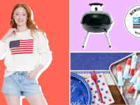 A colorful collage featuring a person wearing an American flag sweatshirt, an Expert Grill barbecue, and various Memorial Day party supplies.