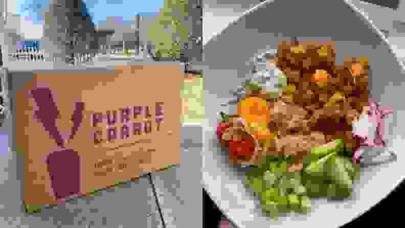 On left, Purple Carrot box outside. On right, bowl of buffalo tempeh with quinoa and veggies.