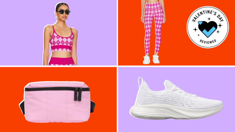 Beach Riot heart print Eva top and bottoms, pink Calpak bag, and APL TechLoom Zipline sneakers.