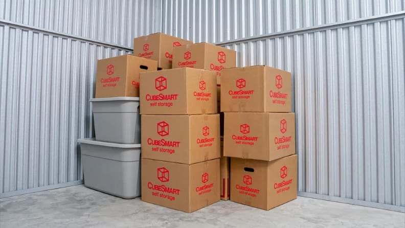 Plastic and corrugated boxes inside a storage facility