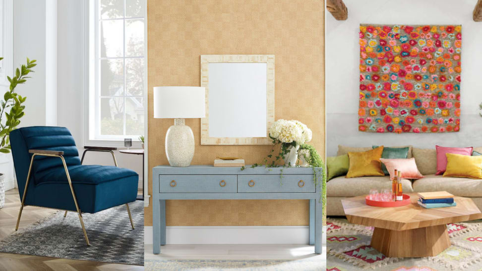 On left, navy armchair in living room. In middle, pastel blue table with drawers with lamp and flowers on top; in front of tan wallpapered wall. On right, colorful tapestry on wall in living room.