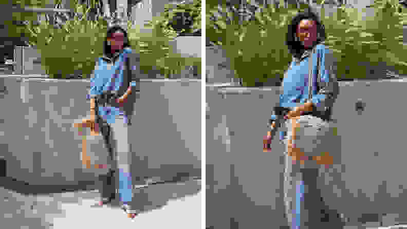 A woman wearing jeans and a denim shirt, gold shoes, sunglasses, and a raffia pillowcase that she turned into a purse.
