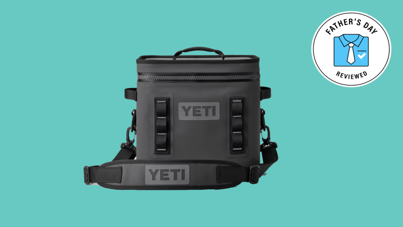A Yeti cooler set against a teal background.