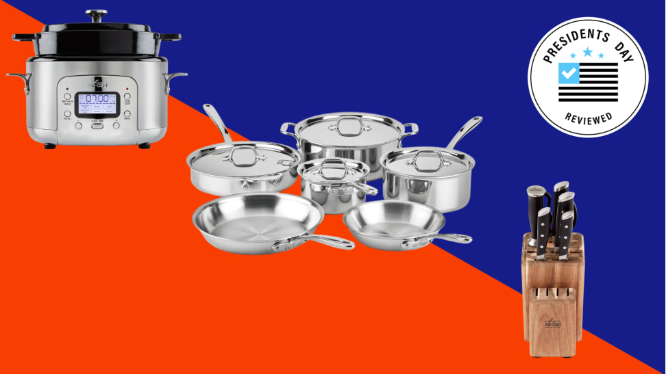 Collage of All-Clad cookwear and knives on a red and blue background.