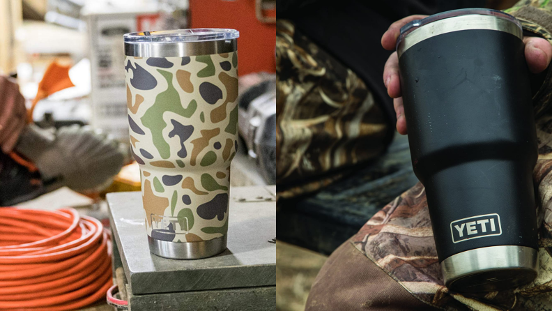 A camouflage and black Yeti stainless steel cup.