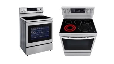 A side by side image of the front and top of an electric range by LG.