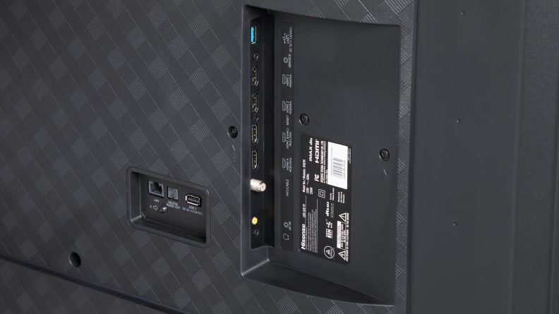A closeup of the connections panel on the back of the Hisense U7H.