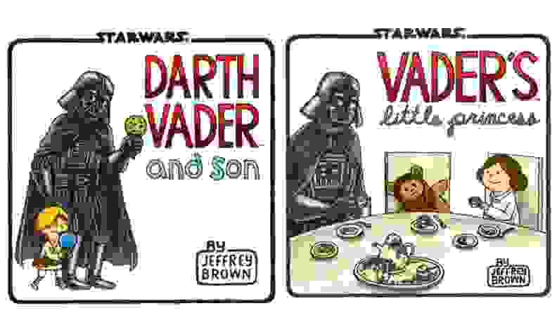 Illustrations with Darth Vadar parenting Luke and Leia