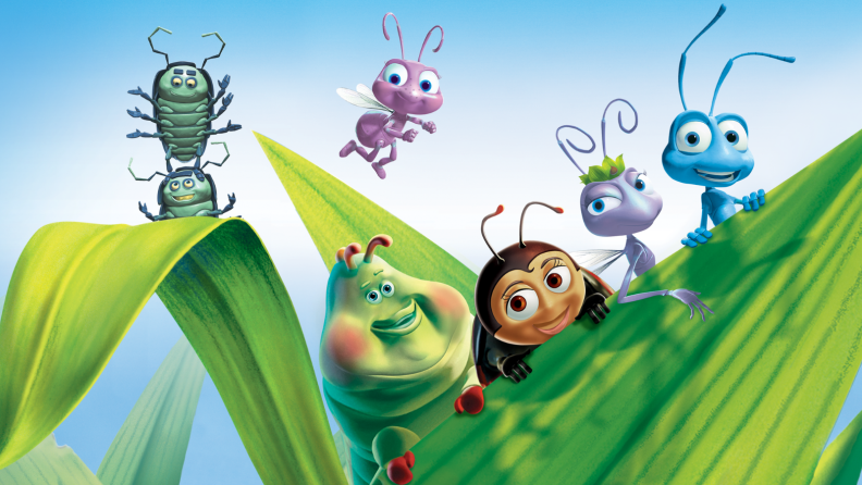 Several animated bugs sit on a leaf.