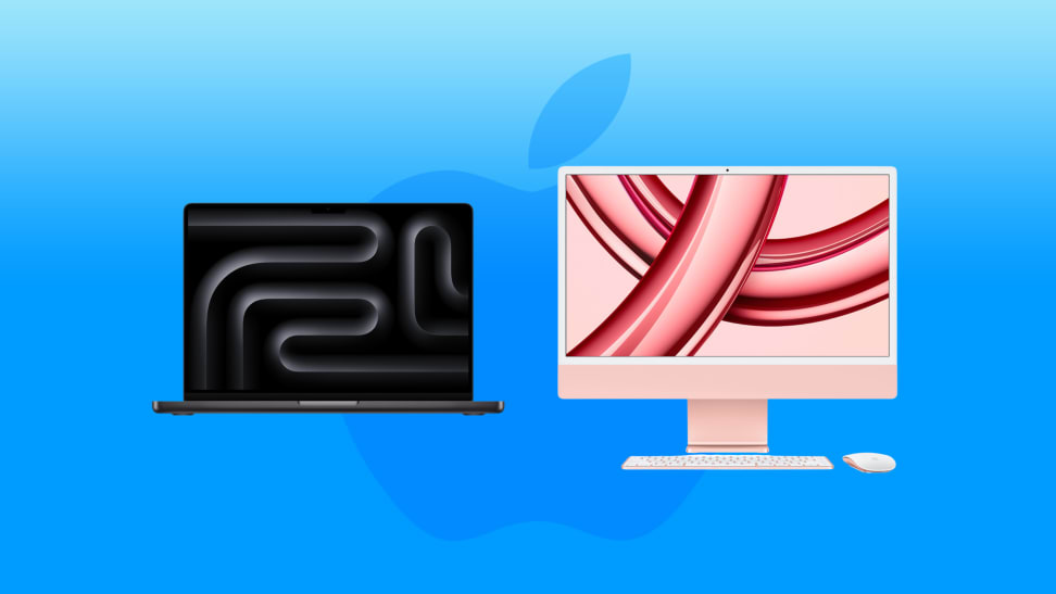 The new M3 Macbook Pro and M3 iMac on a blue background with the Apple logo.