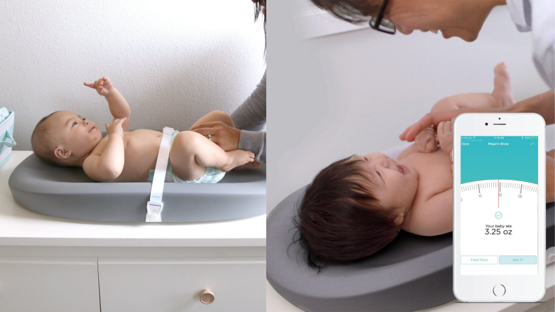 On left, baby being attended to on top of changing table. On right, smartphone with weight reading on screen.