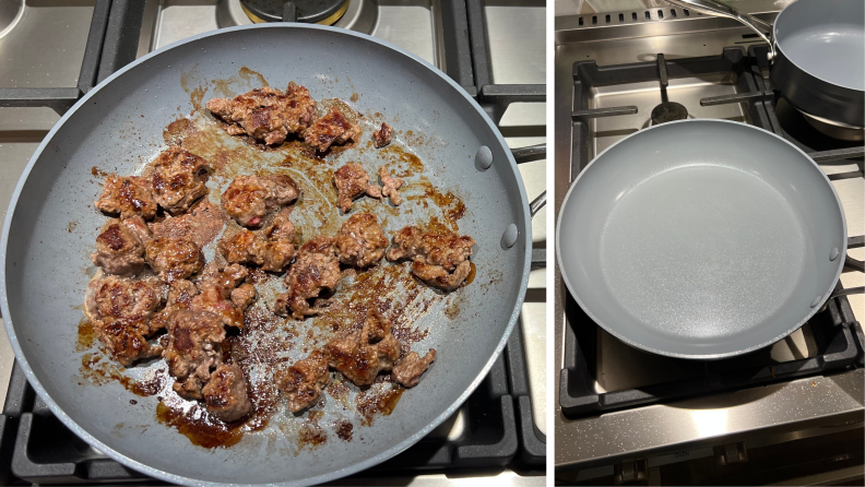 Left: meat browned in skillet. Right: clean skillet on stove.