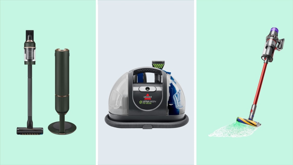 Samsung Jet cordless vaccum on a green background, Bissell Bissell Little Green Pet Deluxe on a grey background, Dyson Outsize+ cordless vacuum on a green background.