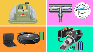 Collage of various vacuums on sale at Amazon, including models from iRobot, Bissell, and Dyson.